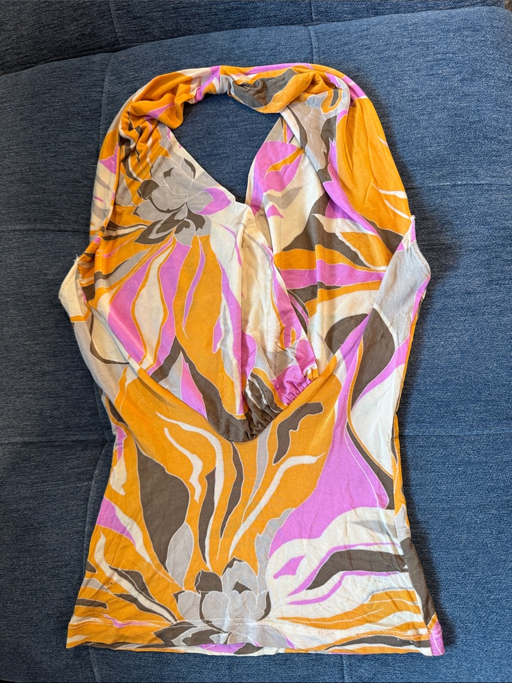 bebe Floral Halter V-Neck Top in Mustard, Pink & Taupe